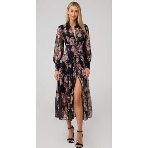 Bardot Black Floral Maxi Dress with Pink Roses